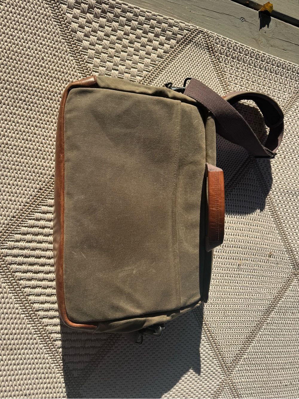 Olive Green Canvas Laptop Messenger Bag with Brown Leather Trim - Picture 2 of 4